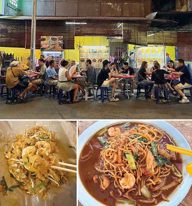 (위로부터 시계반대 방향)출리아 거리에 자리한 호커 푸드 센터, 오리알을 넣은 볶음국수인 차 퀘이 테오, 중국식 국수인 호키엔 누들