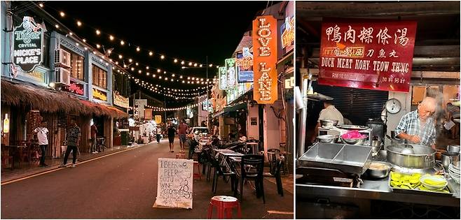 (좌)술과 라이브뮤직이 있는 러브레인 거리, 차 퀘이 테오를 판매하는 호커 푸드 노점상