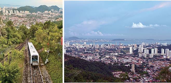 (좌)페낭 힐 정상을 오르내리는 케이블카 (우)페낭 힐에서 내려다본 도심 전경