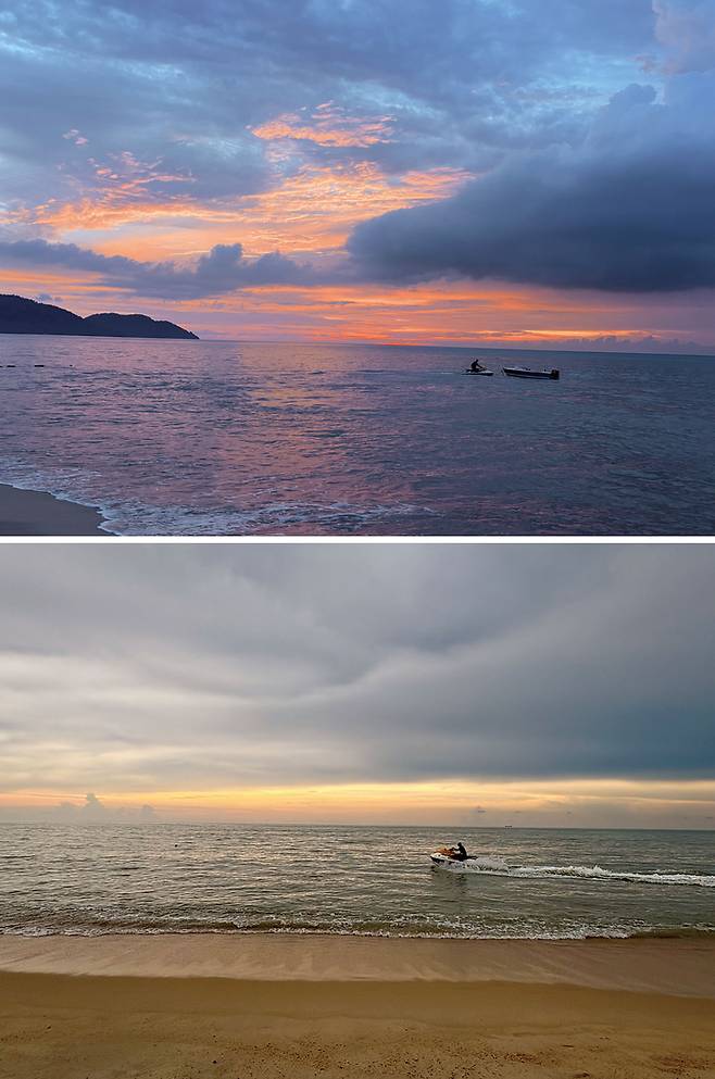 (위)바투 페링기 해변의 일몰 풍경 (아래)바투 페링기 해변은 수상스포츠의 중심지이기도 하다.