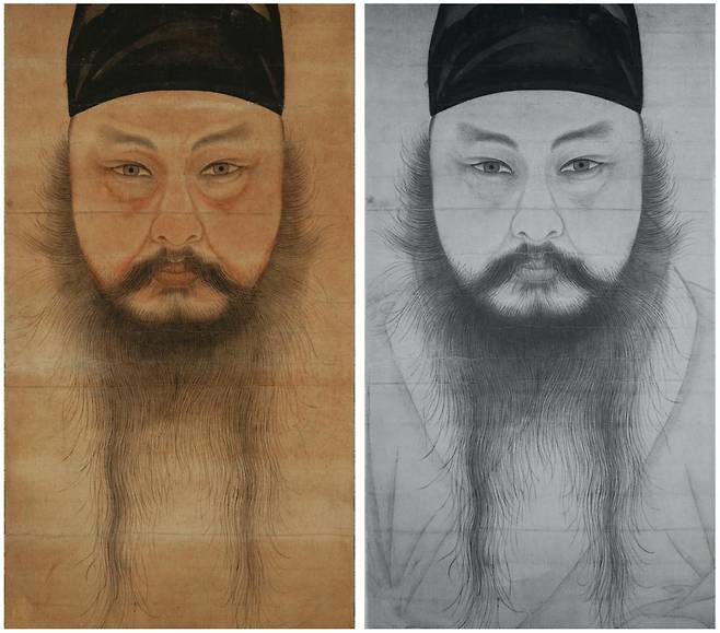 윤두서 자화상(왼쪽)과 윤두서 자화상을 적외선으로 촬영한 사진(오른쪽). ⓒ국립중앙박물관 제공.