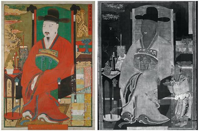 최치원 진영(왼쪽)을 X선으로 조사했더니 그림 좌측과 우측에 동자승이 나타났다(오른쪽). 연구자들은 조선시대 숭유억불 정책과 그림의 덧칠이 관련된 것으로 추정한다. ⓒ국립중앙박물관 제공