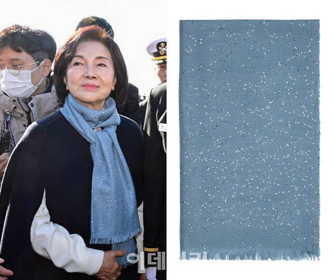 브루넬로 쿠치넬리 시퀸 스카프 제품 사진과 홍라희 전 관장이 스카프를 맨 모습 (사진=연합뉴스·파페치 캡처)
