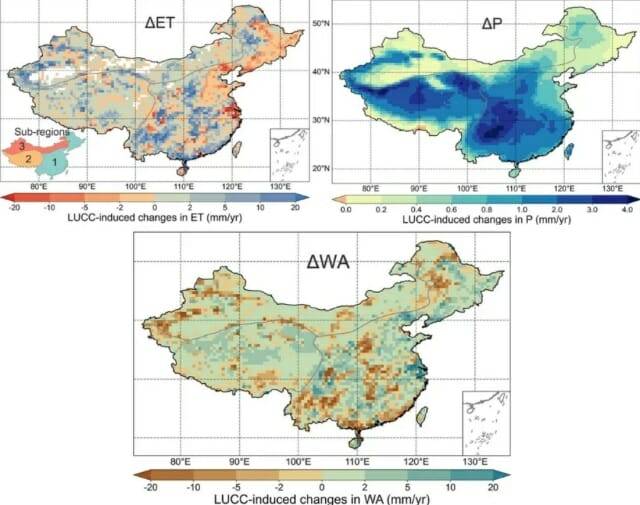 대규모 녹화 사업으로 2001~2020년 사이 증발산량(왼쪽 위), 강수량(오른쪽 위), 물 가용성(아래)이 크게 변화했다. (출처=An et al. (2025) Earth's Future , Creative Commons CC BY-NC 4.0 )