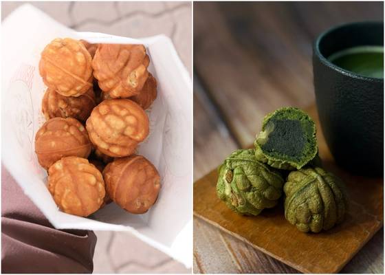 1934년 국내에서 처음 호두과자를 선보인 학화호도과자. 최근엔 말차를 넣는 식으로 변주되고 있다. 사진 학화호도과자