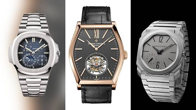 파텍필립 노틸러스 5712(왼쪽), 바쉐론콘스탄틴 말테(가운데), 불가리 옥토.