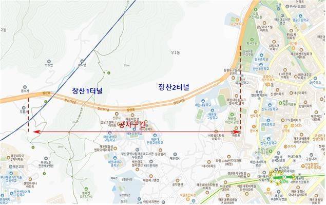 장산1·2터널 교통 통제 구간 위치.