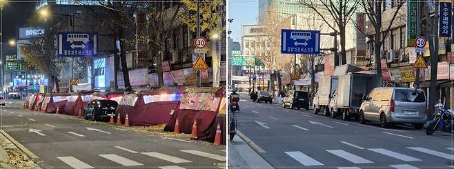 서울 종로구 종로3가역 13번 출구 인근 구간의 야간 포장마차 영업 모습(왼쪽)과 같은 장소의 주간 모습(오른쪽). /권우석 기자