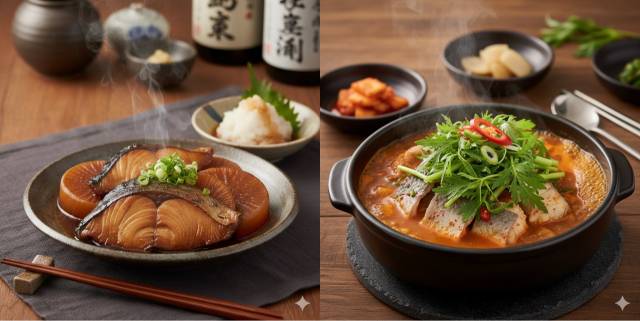 방어 무 조림(왼쪽)과 방어 탕. 사진 제공=자생한방병원(Gemini 생성 사진)