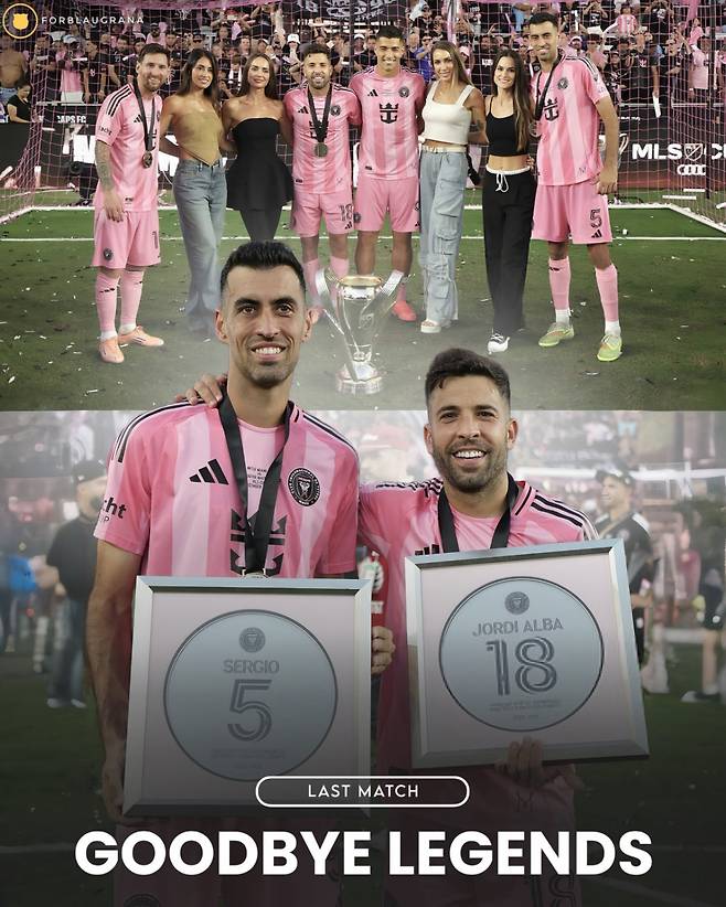 7일(한국시간) 미국 플로리다주 포트로더데일의 체이스 스타디움에서 열린 2025 미국 프로축구 메이저리그사커(MLS컵) 밴쿠버 화이트캡스와의 MLS컵을 우승으로 마친 뒤 선수 커리어에 마침표를 찍는 세르히오 부스케츠(왼쪽)와 조르디 알바. /사진=포블라우그라나 SNS 캡처