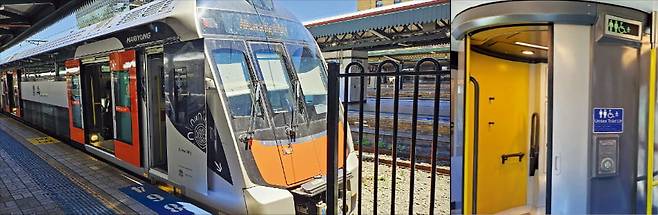 현대로템이 만든 NIF 마리융 전동차가 호주 시드니 센트럴역에서 출발을 앞두고 대기하고 있다(왼쪽 사진). 마리융 전동차에 설치된 장애인용 화장실(오른쪽 사진) 내부에는 인슐린 주사기를 비롯한 의료용품 수거함과 비상 호출 버튼 등이 설치됐다. 시드니=안시욱 기자