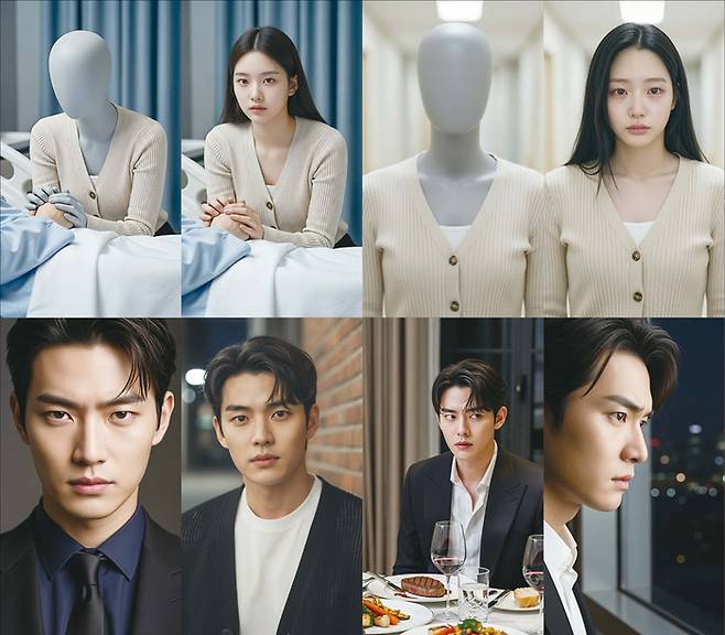 비글루가 공개한 AI 숏드라마 ‘지옥에서 찾아온 나의 구원자’ AI 활용 이미지. 마네킹 촬영에 AI 작업을 더해 섬세한 표정 연기를 이끌어낸다. (비글루 제공)