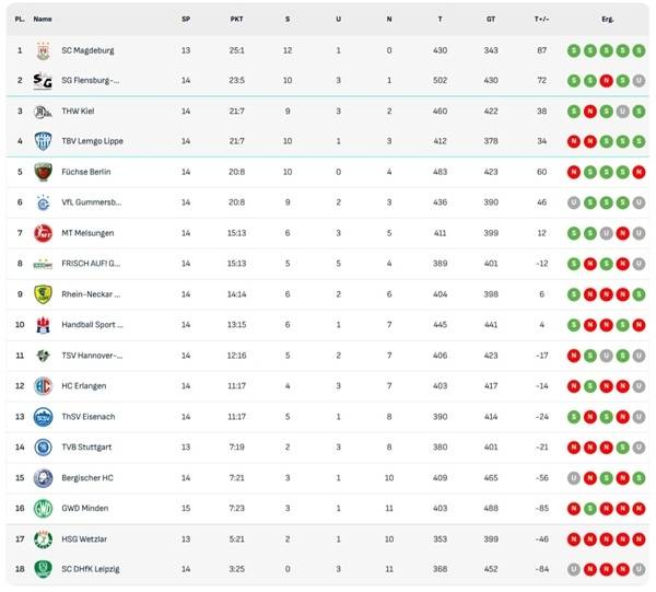 사진 2025/26 시즌 DAIKIN 남자 핸드볼 분데스리가 14라운드 순위, 사진 출처=분데스리가