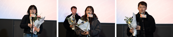 서울독립영화제2025 수상자 사진. (왼쪽부터) 단편 최우수작품상 ‘우리 꼭 다시 만나’ 박유선 감독, 우수작품상 ‘강이와 두기’ 이지원 감독, ‘물질형태’ 이성욱 감독 [서울독립영화제 제공]