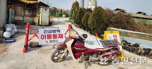 충남 최초로 아프리카돼지열병(ASF)이 발생한 당진시 송산면의 한 돼지농장 앞. 출입을 막는 푯말에 ‘긴급방역 이동통제’라는 문구가 적혀 있다.