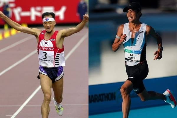 2000년 일본 도쿄국제마라톤 대회에서 2시간 7분 20초 기록으로 결승선을 통과하고 있는 이봉주(왼쪽). 오른쪽은 지난 7일(현지시간) 스페인 발렌시아 국제마라톤대회에서 2시간 4분 55초 일본 신기록으로 완주한 오사코 스구루. AP 연합뉴스·세계육상연맹 SNS