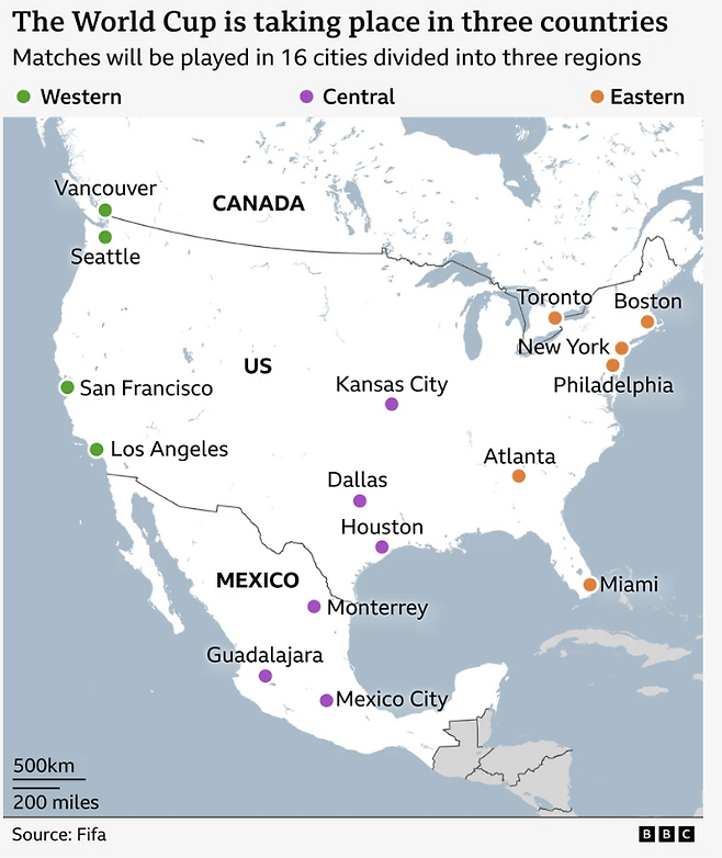 북중미월드컵 개최도시. BBC