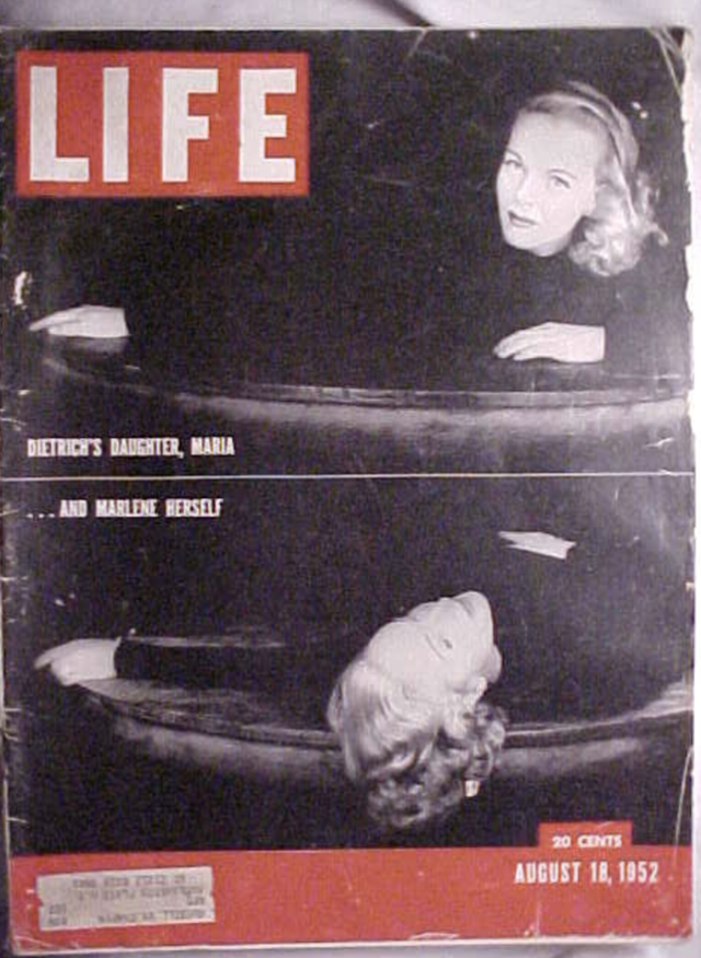 1952년 8월 시사주간지 'Time' 표지에 합성 사진으로 등장한 마를레네 디트리히(위)와 딸 마리아 리바(아래). 그해 리바는 에미상 최우수 여우주연상 후보로 뽑혔지만, 디트리히는 딸의 성취를 하찮게 여겼다. Time 표지