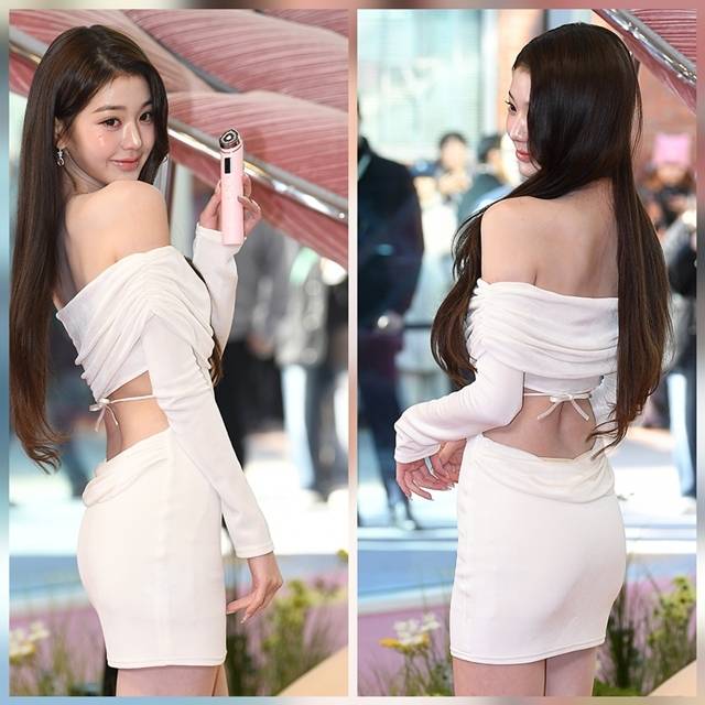 아이브 장원영이 8일 오전 서울 성동구 성수동에서 열린 ‘메디큐브 에이지알 성수’ 오픈 기념 포토콜에서 또 한 번 ‘시원하게 파인 뒤태’로 시선을 압도했다. 사진=천정환 기자