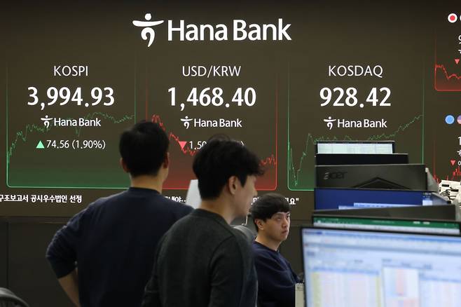 (서울=뉴스1) 이광호 기자 = 코스피가 외국인과 기관의 매수세에 힘입어 상승 마감한 2일 오후 서울 중구 하나은행 본점 딜링룸 현황판에 코스피지수가 전 거래일보다 74.56포인트(1.90%)상승한 3,994.93을 나타내고 있다.   이날 원달러 환율은 하락세를 보이고, 코스닥은 6.04포인트(0.65%) 상승한 928.42에 거래를 마쳤다. 2025.12.2/뉴스1  Copyright (C) 뉴스1. All rights reserved. 무단 전재 및 재배포,  AI학습 이용 금지. /사진=(서울=뉴스1) 이광호 기자