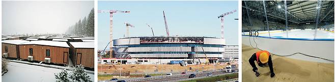 2026 밀라노·코르티나담페초동계올림픽 설상 종목이 열릴 코르티나담페초의 해발 1292m 계곡에 지어진 선수촌이 눈보라 등 거센 환경에 노출돼 있다(왼쪽 사진). 산타줄리아 아이스하키 아레나(가운데)는 공사가 지연된 데다 링크 길이가 1m 작아 경기장 규격 논란까지 일고 있다. 피겨 경기가 열리는 밀라노 아이스 스케이팅 아레나는 실내 바닥 공사가 한창이다.  AP 연합뉴스