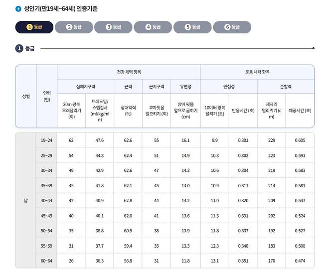 성인 남성의 국민체력100 1등급 인증 기준. /국민체력100 홈페이지 캡처