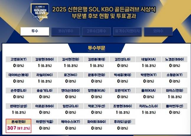 골든글러브 투수 투표 결과. /사진=KBO 홈페이지 갈무리