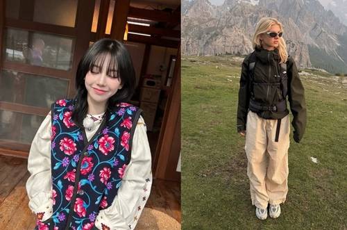 김장조끼를 입은 카리나와 그래놀라 패션을 입은 외국인(오른쪽) [인스타그램 이용자 'katarinabluu' 및 스레드 이용자 'imworkingnoww' 게시글 캡처. 재판매 및 DB 금지]