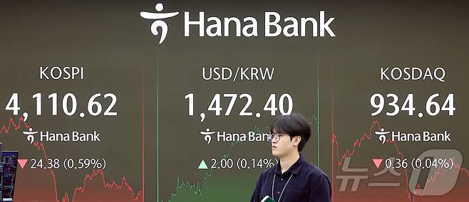 11일 오후 서울 중구 하나은행 딜링룸 전광판에 코스피 지수가 전 거래일 대비 24.38포인트(0.59%) 내린 4110.62를 나타내고 있다. 2025.12.11/뉴스1 ⓒ News1 김진환 기자