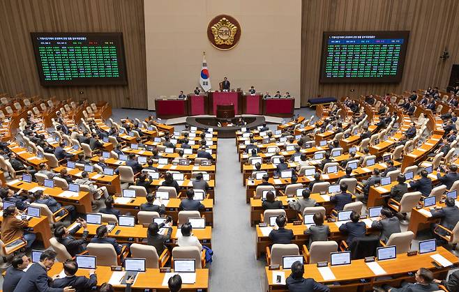 11일 국회에서 열린 12월 임시국회 1차 본회의에서 가맹사업거래의 공정화에 관한 법률 일부개정법률안이 통과되고 있다. /연합뉴스