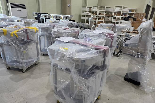 Wafer transfer robot equipment is stored at Dream Logistics' warehouse in Pyeongtaek, Gyeonggi, on Dec. 9. [LEE GA-RAM]