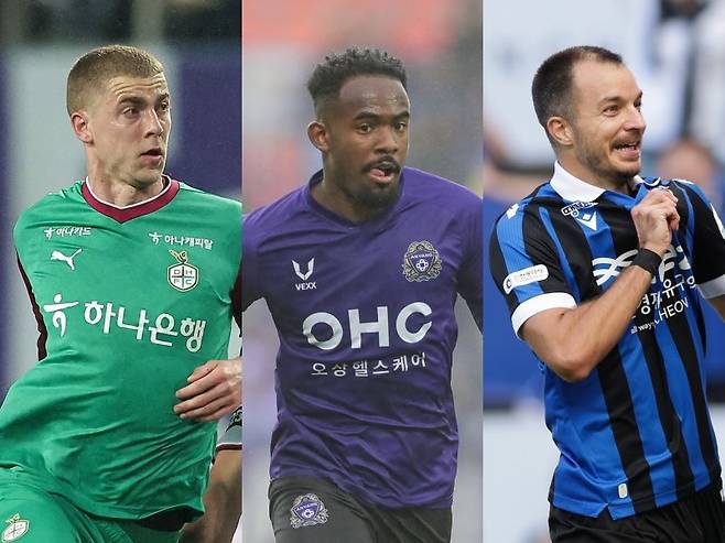 2026시즌부터 K리그는 외국인 선수 수급에 제한이 사라진다. 새로운 외인 영입을 위해 기존 자원 정리가 먼저다. 대전하나는 구텍을, 안양은 야고를 떠나보냈고, 인천은 무고사(왼쪽부터)를 잔류시켜 그를 중심으로 외인 라인을 재편하고자 한다. 사진제공｜한국프로축구연맹