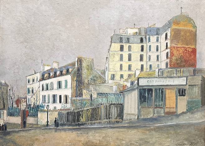 모리스 위트릴로, '라비냥 거리 40번지'. 1913년경. 보드에 유화, 회반죽과 모래. 57.7×77.0cm.