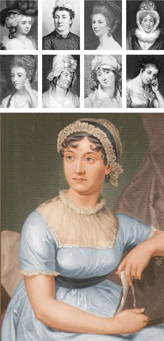 영국 대표 여성 문학가 제인 오스틴(아래 그림)과 18~19세기 영국 문단을 풍미하며 오스틴에게도 영향을 미쳤지만 문학사에서 이름이 지워진 여성 소설가들(위 그림). 윗줄 왼쪽부터 시계방향으로 프랜시스 버니, 앤 래드클리프, 샬럿 레녹스, 해나 모어, 마리아 에지워스, 엘리자베스 인치볼드, 샬럿 스미스, 헤스터 린치 스레일 피오치.  휴머니스트 제공