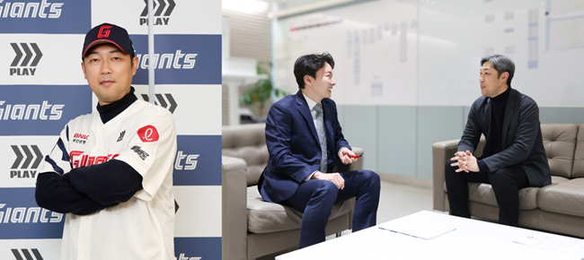 롯데는 12일 NPB의 투수 육성 전문가 가네무라 사토루 코치를 영입했다. 오른쪽 사진은 박준혁 단장과 대화하는 가네무라 코치. 사진제공｜롯데 자이언츠