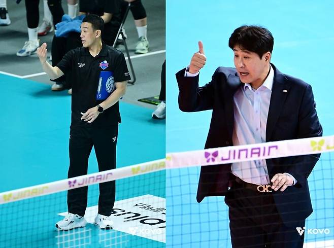 여오현 IBK기업은행 감독대행(왼쪽)과 김종민 한국도로공사 감독  [한국배구연맹 제공. 재판매 및 DB 금지]