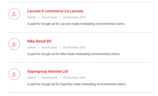 ▲ 영국 광고표준청(ASA)이 인공지능(AI) 기반 감시 시스템을 활용해 나이키, 라코스테, 슈퍼드라이 등 글로벌 패션 브랜드의 ‘무분별한 친환경 표현’을 대거 적발하고 광고 금지 결정을 내렸다.  홈페이지 캡처