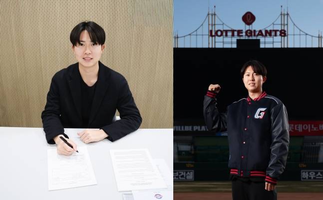 쿄야마 마사야(왼쪽)가 12일 롯데와 아시아쿼터 계약을 맺고 기념촬영을 하고 있다. /사진=롯데 자이언츠 제공