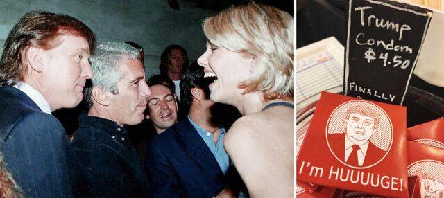 미 하원 감독위원회가 미성년자 성착취범 제프리 엡스타인의 저택에서 확보한 사진 중 민주당이 12일(현지시간) 공개한 사진. 도널드 트럼프 대통령이 엡스타인(왼쪽 두 번째) 옆에 서서 한 여성과 대화하고 있다. 오른쪽 사진은 4달러50센트짜리 ‘트럼프 콘돔’. 이들 사진에는 촬영 날짜와 장소 등 맥락을 파악할 수 있는 정보가 없다. AFP로이터연합뉴스