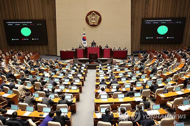 AI기본법 국회 본회의 통과 (서울=연합뉴스) 박동주 기자 = 26일 국회 본회의에서 인공지능 발전과 신뢰 기반 조성 등에 관한 기본법안(AI기본법)이 통과되고 있다. 2024.12.26 pdj6635@yna.co.kr