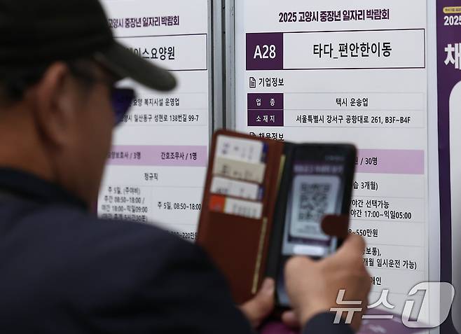 지난 11월 6일 경기도 고양시 킨텍스에서 열린 2025 고양시 중장년 일자리 박람회에서 한 구직자가 채용 정보를 촬영하고 있다.2025.11.6/뉴스1 ⓒ News1 김성진 기자