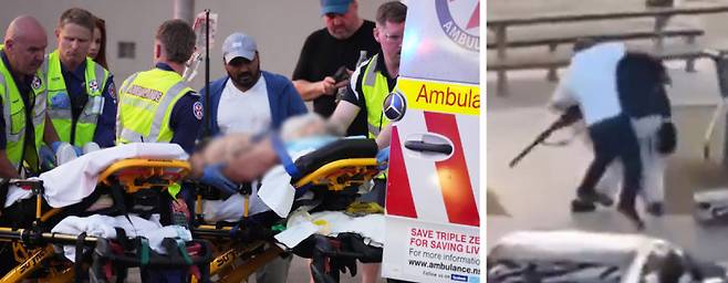 14일 호주 뉴사우스웨일스주 시드니 동부의 본다이 해변에서 발생한 총격 사건 부상자를 응급요원들이 이송하고 있다(왼쪽 사진). 이날 오후 용의자 2명이 유명 관광지인 이곳에서 총을 난사해 어린이, 경찰관 등 11명이 숨지고 용의자 1명도 경찰에 의해 사살됐다. 한 시민에 의해 총기를 든 범인이 제압되는 장면(오른쪽 사진) 등이 이날 소셜미디어에 돌았다. 시드니=AP 뉴시스·X 캡처