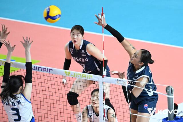 한국도로공사 타나차가 지난달 15일 김천체육관에서 열린 2025∼2025 V리그 여자부 현대건설과 경기에서 공격하고 있다. 한국배구연맹 제공