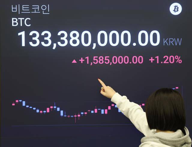 15일 서울 강남구 업비트 라운지 전광판에 비트코인을 비롯한 주요 가상자산 시세가 표시되고 있다. 연합뉴스