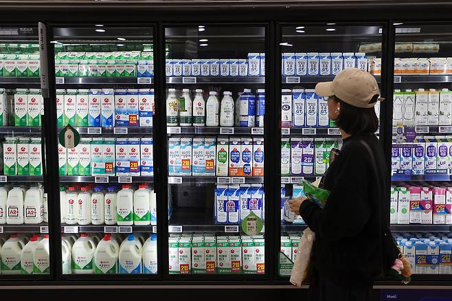 A shopper looks at milk at a supermarket in Seoul on Oct. 8. [YONHAP]