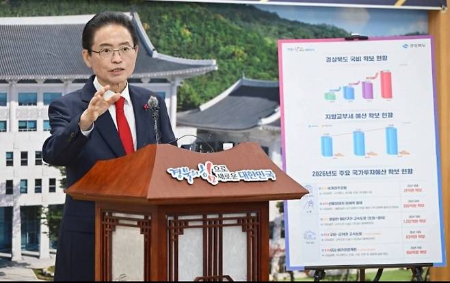 이철우 경북도지사가 11일 도청에서 열린 민선 8기 재정 성과 브리핑에서 직접나서 국비 확보 성과와 향후 재정 운영 방향에 대해 설명하고 있다. /사진제공=경북도