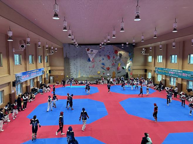 불국체육센터에서 훈련 중인 태권도 훈지훈련팀. 경주시 제공