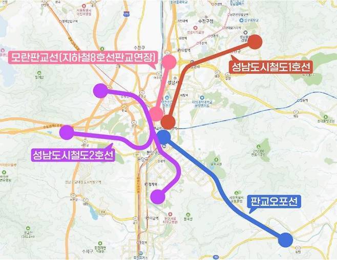 성남시 4개 도시철도 노선. 성남시 제공