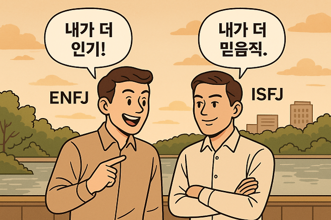 대동강 강변을 배경으로 두 북한 청년이 서로를 바라보며 웃고 있다. ENFJ형은 “내가 더 인기!”라며 활달하게 손짓하고, ISFJ형은 “내가 더 믿음직.”이라며 미소 짓는 모습으로, 성격 유형에 따른 차이를 재치 있게 표현한 일러스트.