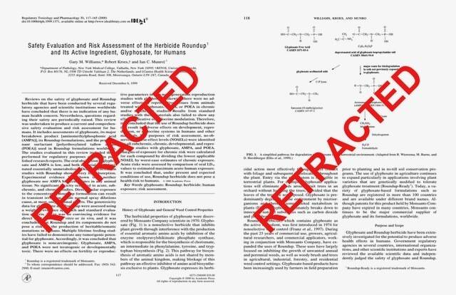 다국적 기업 몬샌토의 제초제 ‘라운드업’과 글리포세이트 성분이 인간 건강에 큰 위험이 되지 않는다는 결론을 내렸던 2000년 논문이 25년 만인 최근에 연구윤리 위반 사유로 뒤늦게 철회됐다. 그 사이에 이 논문은 규제 정책에서 과학적 근거로, 학계에서 권위 있는 참고문헌으로, 여러 논쟁에서 기업의 방패막이로 계속 활용되어왔다. ‘규제 독성학과 약리학’ 철회 논문 갈무리